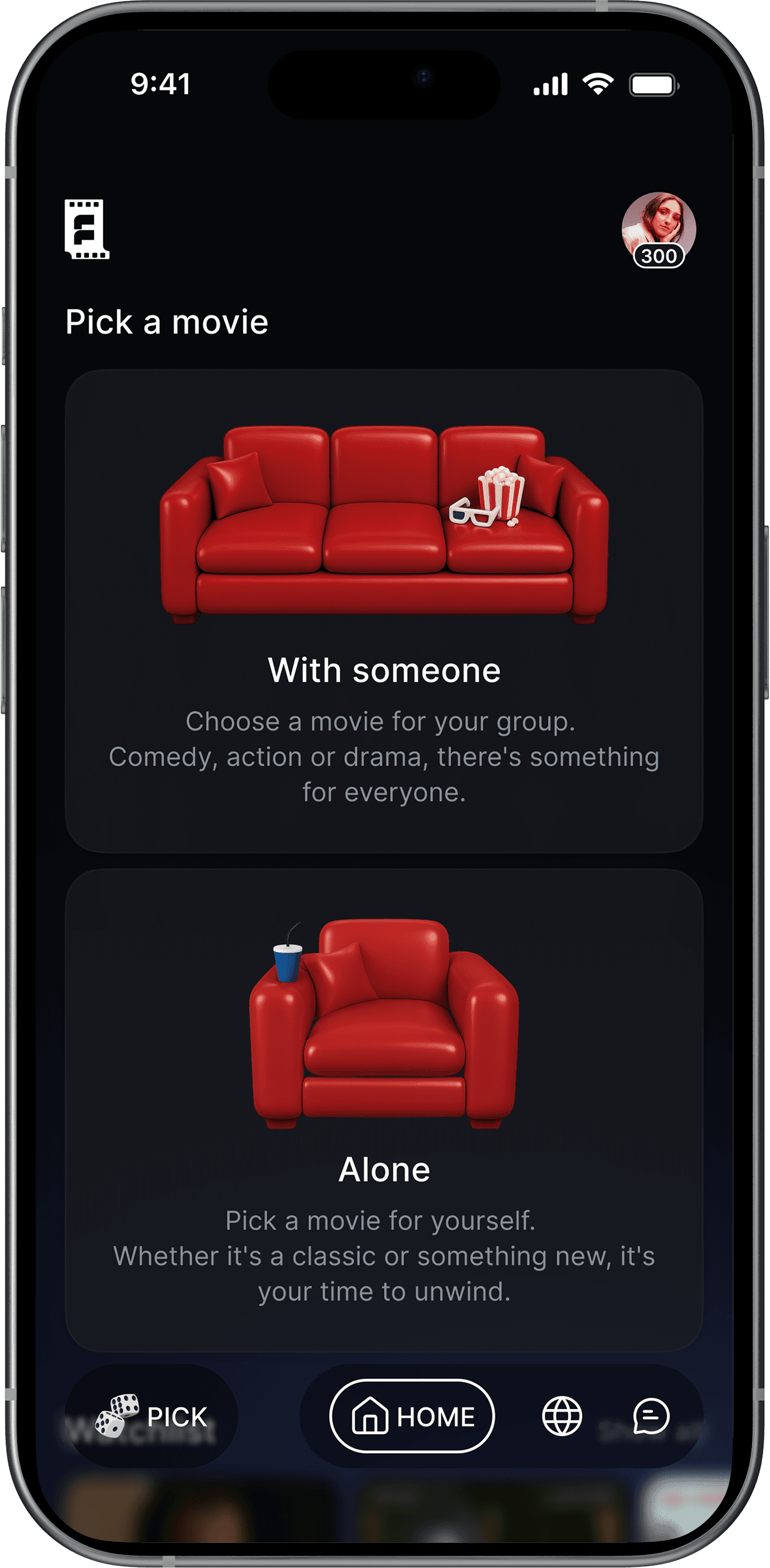 Flickhunt app home screen for choosing a movie